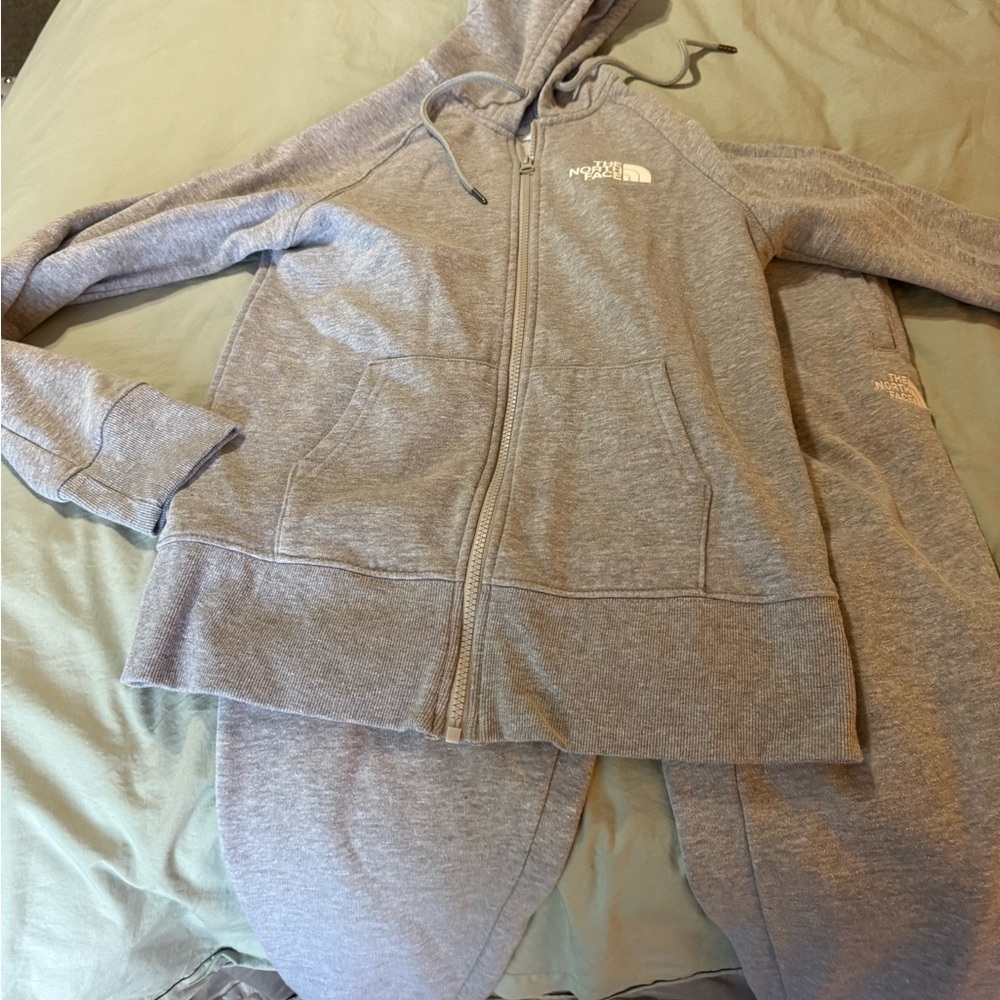 The North Face Light Gray Zip-Up Hoodie and matching pants